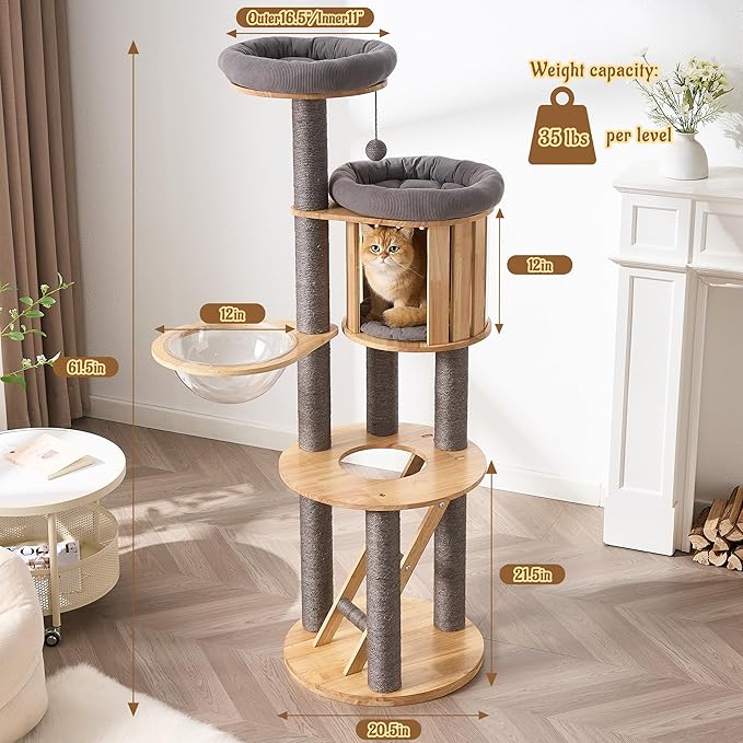 Modern Cat Tree Tower with Scratching Post, 61.5in Tall Cat Tree for Indoor Cats, Multi-Level Solid Wood Cat Furniture with Ladder, Cozy Cat Beds, Cat Condo, Capsule Nest, Dangling Toy, Gray