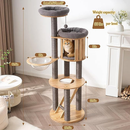 Modern Cat Tree Tower with Scratching Post, 61.5in Tall Cat Tree for Indoor Cats, Multi-Level Solid Wood Cat Furniture with Ladder, Cozy Cat Beds, Cat Condo, Capsule Nest, Dangling Toy, Gray
