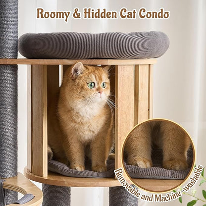 Modern Cat Tree Tower with Scratching Post, 61.5in Tall Cat Tree for Indoor Cats, Multi-Level Solid Wood Cat Furniture with Cozy Cat Beds, Cat Condo, Hammock, Capsule Nest, Turntable Toy, Gray