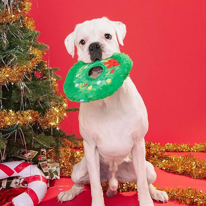 Barkbox Get Lit Wreath Dog Toy – Holiday Fetch & Fling Disc with T-Shirt Rope, Crazy Crinkle & Long Plush Hair – Durable Holiday Play Toy for Dogs