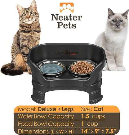Neater Feeder Deluxe Mess-Proof Elevated Cat Bowls, 2 Height Adjustable (6” & 7.5”) No-Spill Raised Cat Bowl Stand, Whisker Friendly Stainless Steel Dishes for Indoor Cats, Made in USA, Black