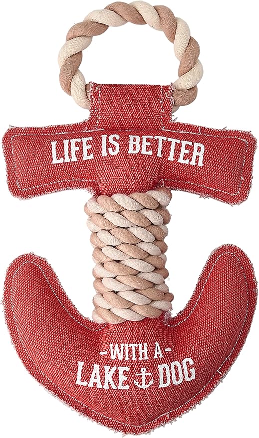 12" x 7" x 2" Red Anchor Shape Life is Better with A Lake Dog Tug of War Rope Handle Sturdy Dog Toy, Dogs for Medium-Large Breeds