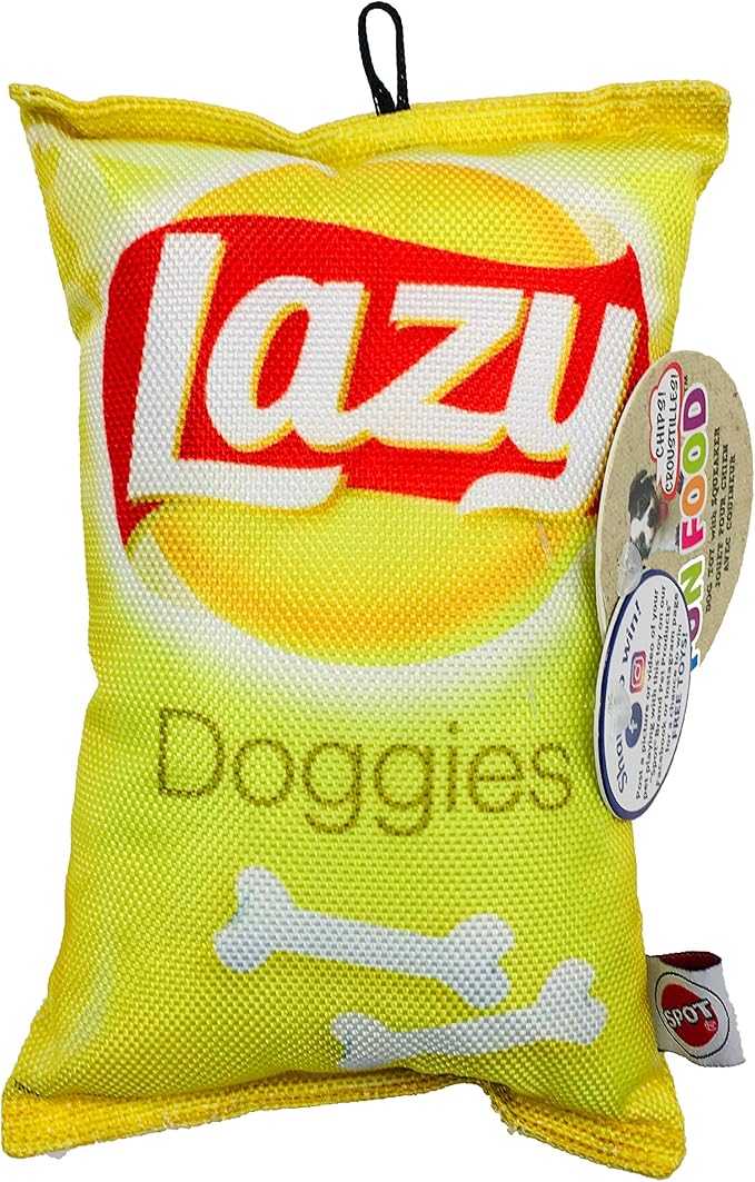 SPOT Fun Foods The Whimsical Dog Toy with Squeaker | Interactive Plush Chew and Squeak Toy for Small and Large Dog Breeds | Lazy Doggies Chips Bag, Small