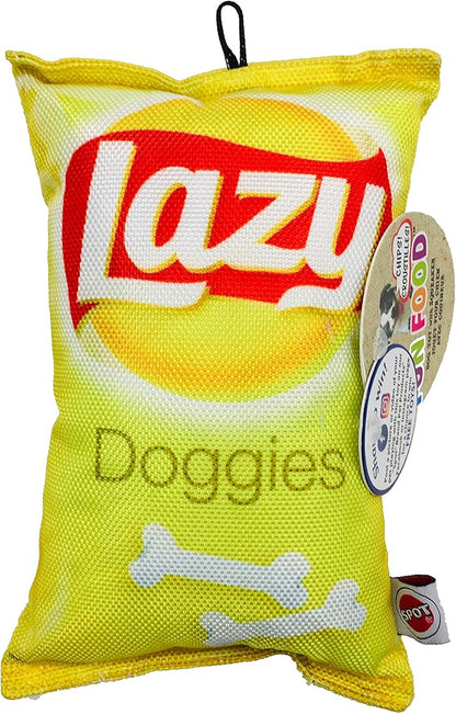 SPOT Fun Foods The Whimsical Dog Toy with Squeaker | Interactive Plush Chew and Squeak Toy for Small and Large Dog Breeds | Lazy Doggies Chips Bag, Small