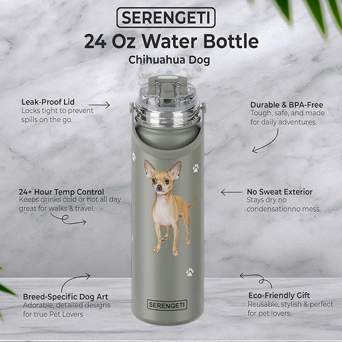 E&S Pets SERENGETI 24 Oz Water Bottle Stainless Steel with Spill Proof Lid - Double walled Vacuum Insulated water flask - Realistic 3D Print of your favorite dog (Chihuahua tan)