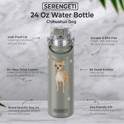 E&S Pets SERENGETI 24 Oz Water Bottle Stainless Steel with Spill Proof Lid - Double walled Vacuum Insulated water flask - Realistic 3D Print of your favorite dog (Chihuahua tan)