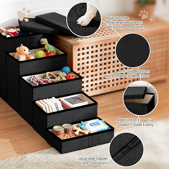 Love's cabin Dog Stairs for High Bed 22" H, Foldable Pet Stairs for Small Medium or Large Dogs Puppy with Storage for Bed or Couch, Cat Dog Steps Ramp with Zip up to 200 lbs, Black, 5 Steps