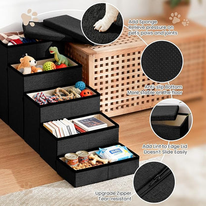 Love's cabin Dog Stairs for High Bed 22" H, Foldable Pet Stairs for Small Medium or Large Dogs Puppy with Storage for Bed or Couch, Cat Dog Steps Ramp with Zip up to 200 lbs, Black, 5 Steps