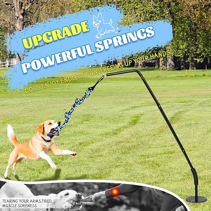 Outdoor Dog Tug Toy Reinforced Spring Rod with Durable chew-Resistant Rope for Independent Play and Interactive Fun in Yards and lawns Adjustable Height for Medium to Large Breeds Black