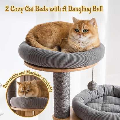 Modern Cat Tree Tower with Scratching Post, 61.5in Tall Cat Tree for Indoor Cats, Multi-Level Solid Wood Cat Furniture with Ladder, Cozy Cat Beds, Cat Condo, Capsule Nest, Dangling Toy, Gray