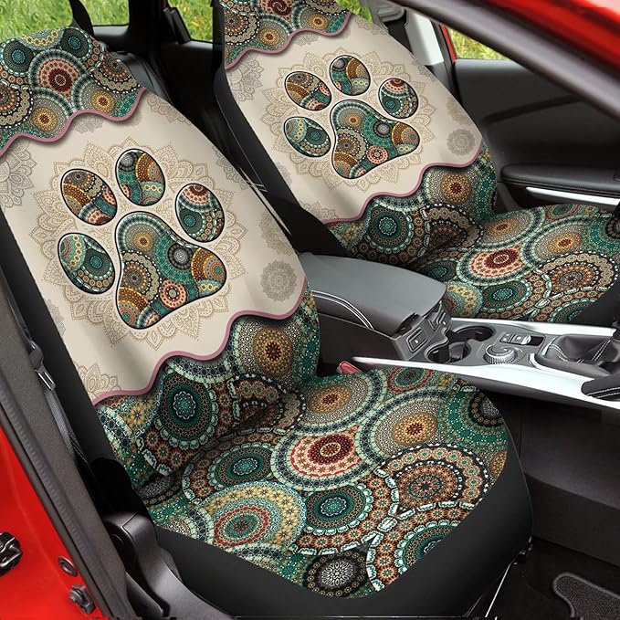 Universal Bucket Seats Cover Protector, 2 PCS Colorful Green Boho Mandala Dog Paw Print Waterproof Durable Auto Interior Accessory for Car Truck SUV