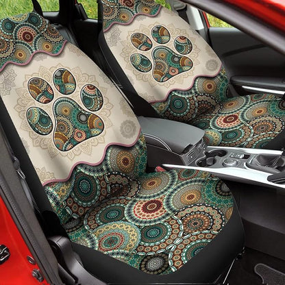 Universal Bucket Seats Cover Protector, 2 PCS Colorful Green Boho Mandala Dog Paw Print Waterproof Durable Auto Interior Accessory for Car Truck SUV