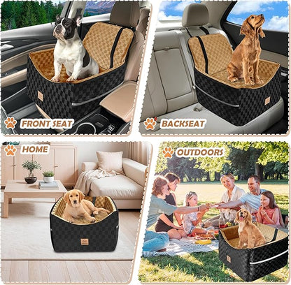 Dog Car Seat for Small and Medium Dogs Up to 35 lbs –Memory Foam Dog Booster Seat with Safety Leash & Storage Pockets, Fits Front & Back Car Seats, Removable Washable Cover – Black & Brown