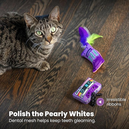 Catstages So Meowsome 90s Cat Toys, 3-Pack Catnip Plush Toys with Crinkle, Feathers & Dental Mesh, Multicolored