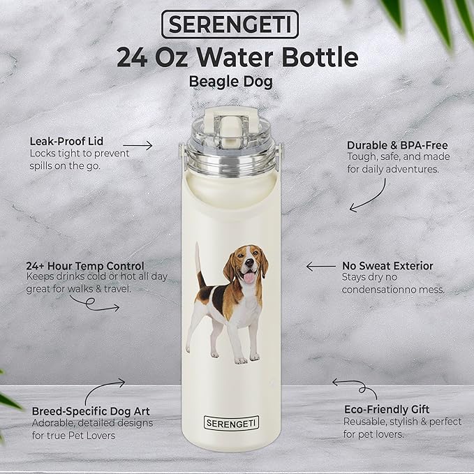 SERENGETI 24 Oz Water Bottle Stainless Steel with Spill Proof Lid - Double walled Vacuum Insulated water flask - Realistic 3D Print of your favorite dog (Beagle)