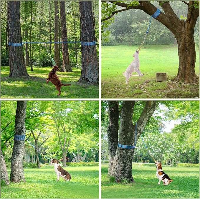 Tree Tugger Dog Toy, Retractable Dog Bungee Tug Toy, Tether Tug Outdoor Dog Toy, Interactive Tether Tug of War Toy with 32.8 ft Rope, Spring Pole Kit, 2 Chew Rope Toys for Pitbull Medium, Large Dog