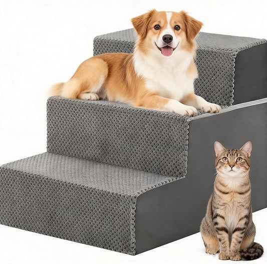 Simple Deluxe Dog Stairs for Small Dogs, 3-Step Dog Step for Puppy, Older Cat, Medium Pet Ramp for Sofa, Couch or Chair, Indoor Non-Slip Pet Ladder with High Density Foam, Gray