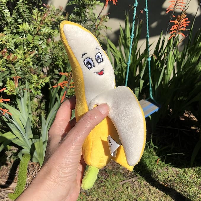 Glow Pups Banana Dog Toy with Squeaker, Cute Plush Chew Toy for Puppy, Helps with Anxiety and Boredom, Durable and Easy to Clean, 9" x 2.5", Whimsical Plush Style, Yellow