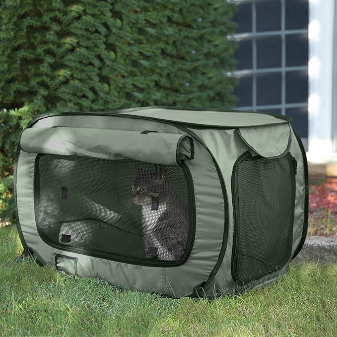 SportPet Designs Soft-Sided Pop-Open Pet Kennel, Medium Portable Travel Crate for Cats & Dogs up to 50 lbs, Foldable Car Kennel with Seatbelt Straps & Washable Waterproof Pad, Green