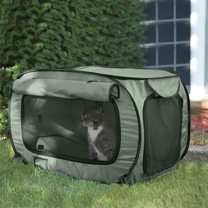 SportPet Designs Soft-Sided Pop-Open Pet Kennel, Medium Portable Travel Crate for Cats & Dogs up to 50 lbs, Foldable Car Kennel with Seatbelt Straps & Washable Waterproof Pad, Green