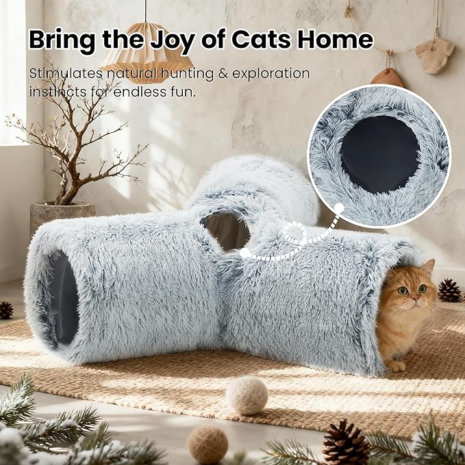 Tempcore Plush Cat Tunnel for Indoor Cats，Collapsible 3-Way Pet Tunnel Toy with Peek Holes for Cats, Kittens, Rabbits, Light Grey