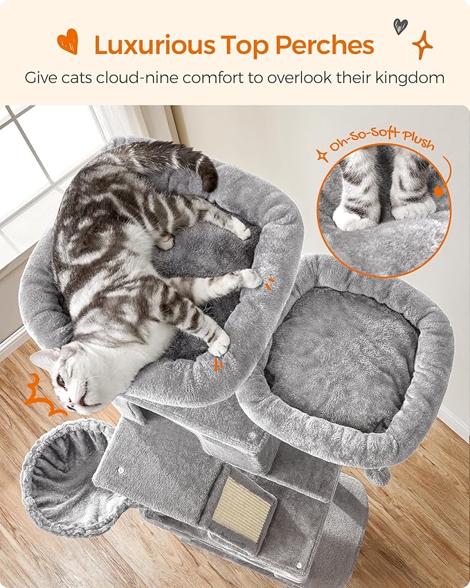 Feandrea Cat Tree, 81.1-Inch Large Cat Tower, Multi-Level Plush Condo with 13 Scratching Posts, 2 Perches, 2 Caves, Basket, Hammock, Pompoms, Light Gray UPCT190W01