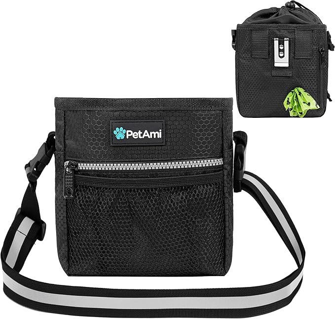 PetAmi Dog Treat Pouch, Pet Treat Pouch For Training, Dog Walking Bag Holder for Kibbles, Pet Food Toy, Dog Trainer Essentials Supplies, Poop Bag Dispenser, 3 Ways to Wear (Black)