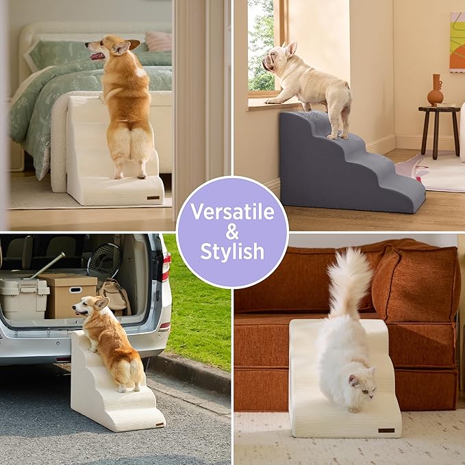Lesure Dog Stairs for Small Dogs and Cats Pet Steps Ramp for Bed and Couch with CertiPUR-US Certified Foam with Non-Slip Bottom, Beige, 3 Steps