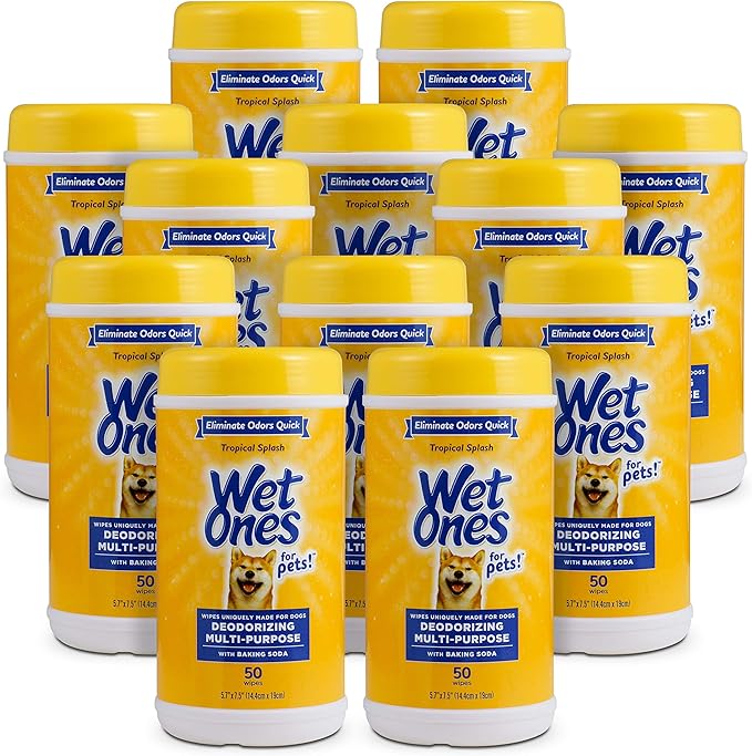 Wet Ones for Pets Deodorizing Multipurpose Dog Wipes with Baking Soda, Tropical Splash Scent - Desmellizing Wipes for Dogs in Canister, 50 Count - 12 Pack