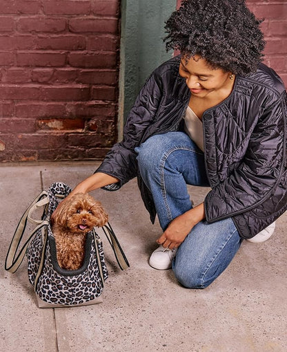 Cleverpup Transit Tote Dog Carrier for Small Dogs Under 8 lbs, 16x11x8 Soft-Sided 4-Pc Set with Waterproof Base, Plush Insert, Food Pouch, Mesh Head Opening - Small, Leopard
