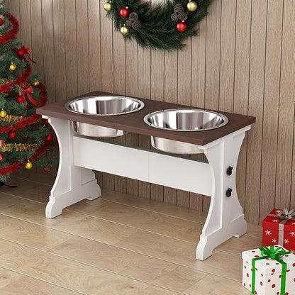 Piskyet Elevated Dog Bowls,Farmhouse Dog Bowls Stand, Raised Dog Bowl with 2 Stainless Steel Wooden Dogs Bowls 9 Cups 13.8''H_80 oz Bowl-Farmhouse Style