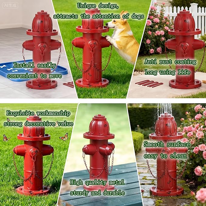 16" H Metal Fire Hydrant for Dogs to Pee On, Vintage Dog Fire Hydrant Pee Post for Outdoor Garden Decor, Fake Fire Hydrant Fit from Small to Medium-Sized Dog Breeds