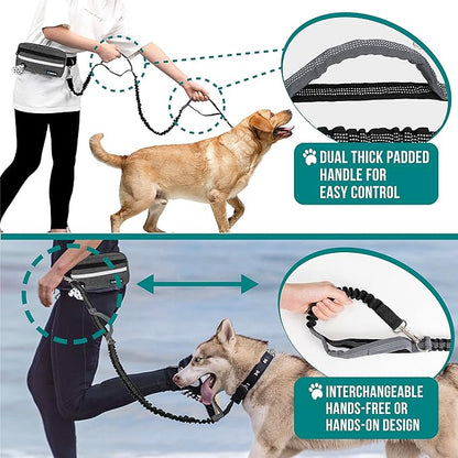 PetAmi Hands Free Dog Leash Belt for Walking Jogging, Waist Zipper Pouch Fanny Pack with Poop Bag Dispenser, Dual Padded Handle Bungee Leash for Small Medium Large Dogs
