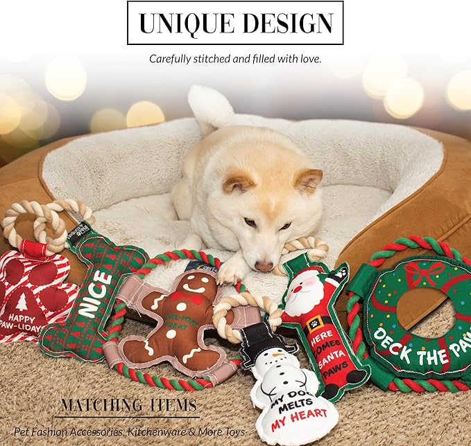 Pavilion - Howl-Iday Treat - 10" Gingerbread Man Puppy Dog Toy with Rope Handle K-9 Furry Companion Christmas Present