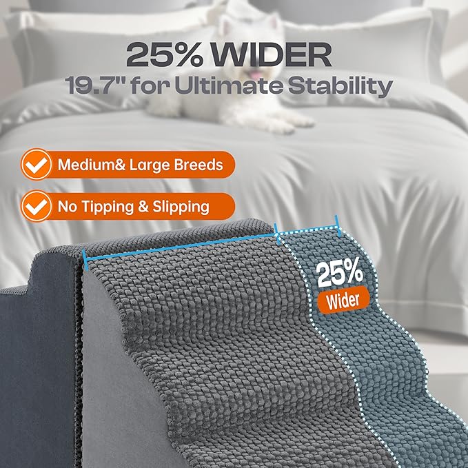 Extra Wide 4-Step Dog Stairs for Bed & Couch 18" H, More Stable Non-Slip Pet Steps with Balanced Foam Structure and Gentle Slopes, Stylish Indoor Dog Steps for Small & Medium Dogs, Gray