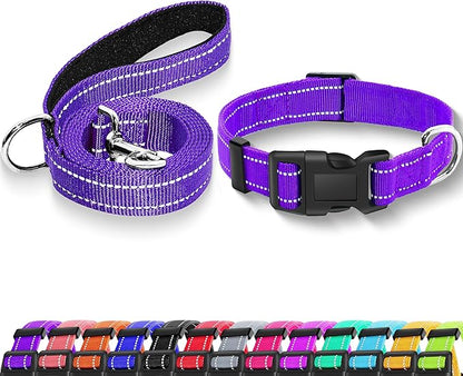 Reflective Dog Collar with Safety Locking Buckle, Adjustable Soft Breathable Nylon Collars for Small, Medium and Large Dogs(Collar+Leash S Width 5/8" Purple)