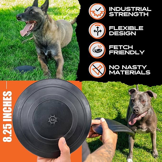 Monster K9 Indestructible Flying Disc - Lifetime Replacement - Durable Dog Toy for Aggressive Chewers – Tug & Fetch (Not Chew Toy) – Safe Non-Toxic Natural Rubber - Tough, Heavy Duty - USA Made - 8.5"
