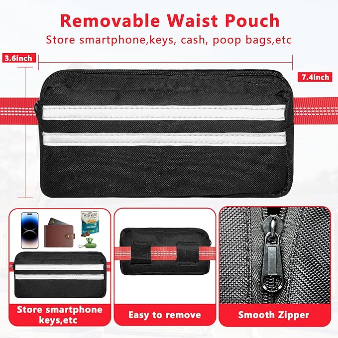 Hands Free Dog Leash with Zipper Pouch, Running Waist Leash for Dog Walking, Adjustable Waist Belt for Large Dogs, Reflective Bungee Design with Two Handle for Hiking, Training, Red