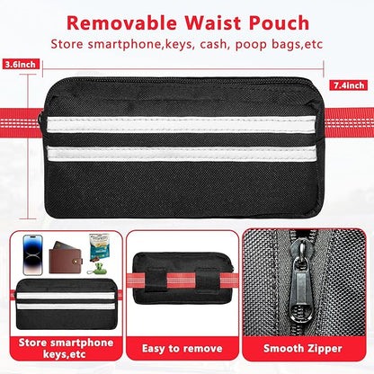 Hands Free Dog Leash with Zipper Pouch, Running Waist Leash for Dog Walking, Adjustable Waist Belt for Large Dogs, Reflective Bungee Design with Two Handle for Hiking, Training, Red