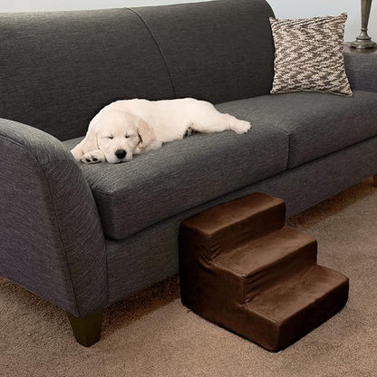 Dog Stairs for Small Dogs - 3-Step Dog Steps for High Bed and Couch - Pet Stairs with Nonslip Bottom, High-Density Foam, and Removable Washable Cover - Cat and Dog Furniture by PETMAKER (Brown)
