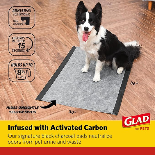 Glad for Pets Day to Night Activated Carbon Puppy Training Pads, Odor Control Disposable Dog Pads with Adhesive and Wall Protection, Leak Proof and Super Absorbent, 30 x 36 Inch, 24 Count - 3 Pack