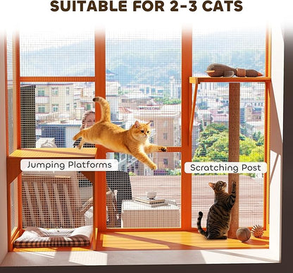 PawHut Outdoor Catio, Cat Window Catio Box Enclosure for 2-3 Large Indoor Cats with 2 Jumping Platforms, Scratching Post, for Playing, Sunbathing, Napping, Cat Window Perch for Enjoying Sights, Orange