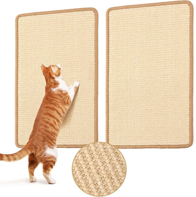 FUKUMARU 2 Packs Cat Scratching Mat, 19.6 x 11.8 Inch Natural Sisal Cat Scratch Pad Mats for Indoor Cats, Horizontal Cats Wall Scratcher Kitten Floor Rug with Sticky Tape, Furniture Protector