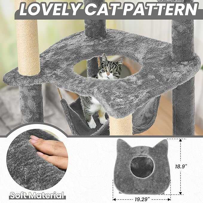 55 Inch Large Cat Tree Tower for Indoor Cats with Hammock Green Leaves Sisal Scratching Post, Plush Hang Ball Play Furniture for Kittens & Adult Cats,Grey