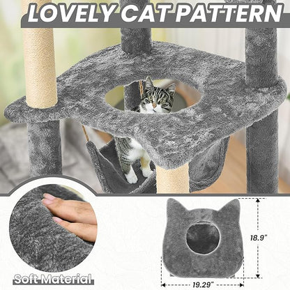 55 Inch Large Cat Tree Tower for Indoor Cats with Hammock Green Leaves Sisal Scratching Post, Plush Hang Ball Play Furniture for Kittens & Adult Cats,Grey