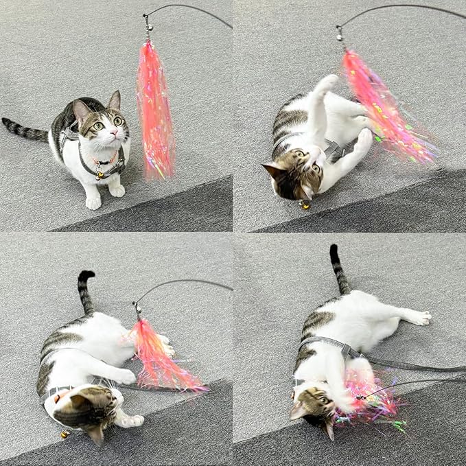 Andiker Cat Wand Toy with 2 PCS 12 Inches Replaceable Colorful Rainbow Tassels and Little Bells Funny and Interesting Cat Toys for Indoor Cats Keeping Fit (4 Tassles, Count, 5)