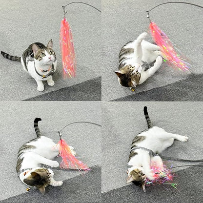 Andiker Cat Wand Toy with 2 PCS 12 Inches Replaceable Colorful Rainbow Tassels and Little Bells Funny and Interesting Cat Toys for Indoor Cats Keeping Fit (4 Tassles, Count, 5)
