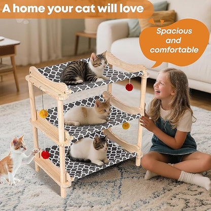 Large 3-Layer Cat Hammock Bed, 24"x15.7"x26.8" Elevated Cat Bed with Pine Wood Frame, Breathable Washable Covers, Wooden Pet Furniture for Indoor Cats and Small Animals(Grey, 3-Tier)