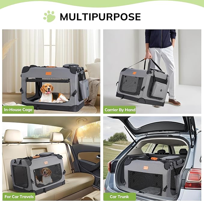 Morpilot 24-inch Portable Collapsible Dog Crate: Travel Dog Crate Soft-Sided for Small Medium Dogs up to 40lbs, with Foldable Bowl, Shoulder Strap & Storage Pockets, Grey