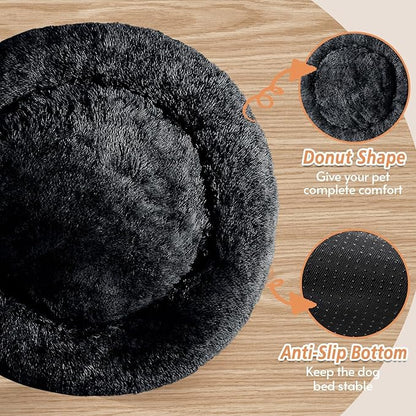 JOLLYVOGUE Calming Dog Bed Medium Size Dog, 31in Donut Washable Medium Pet Bed, Anti-Slip & Anti-Anxiety Fluffy Faux Fur Round Dogs Bed, Fits up to 45 lbs Pets (Black)